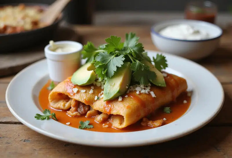 Delicious Joanna Gaines chicken enchiladas served on a plate with garnishes, showcasing its colorful and appetizing presentation.