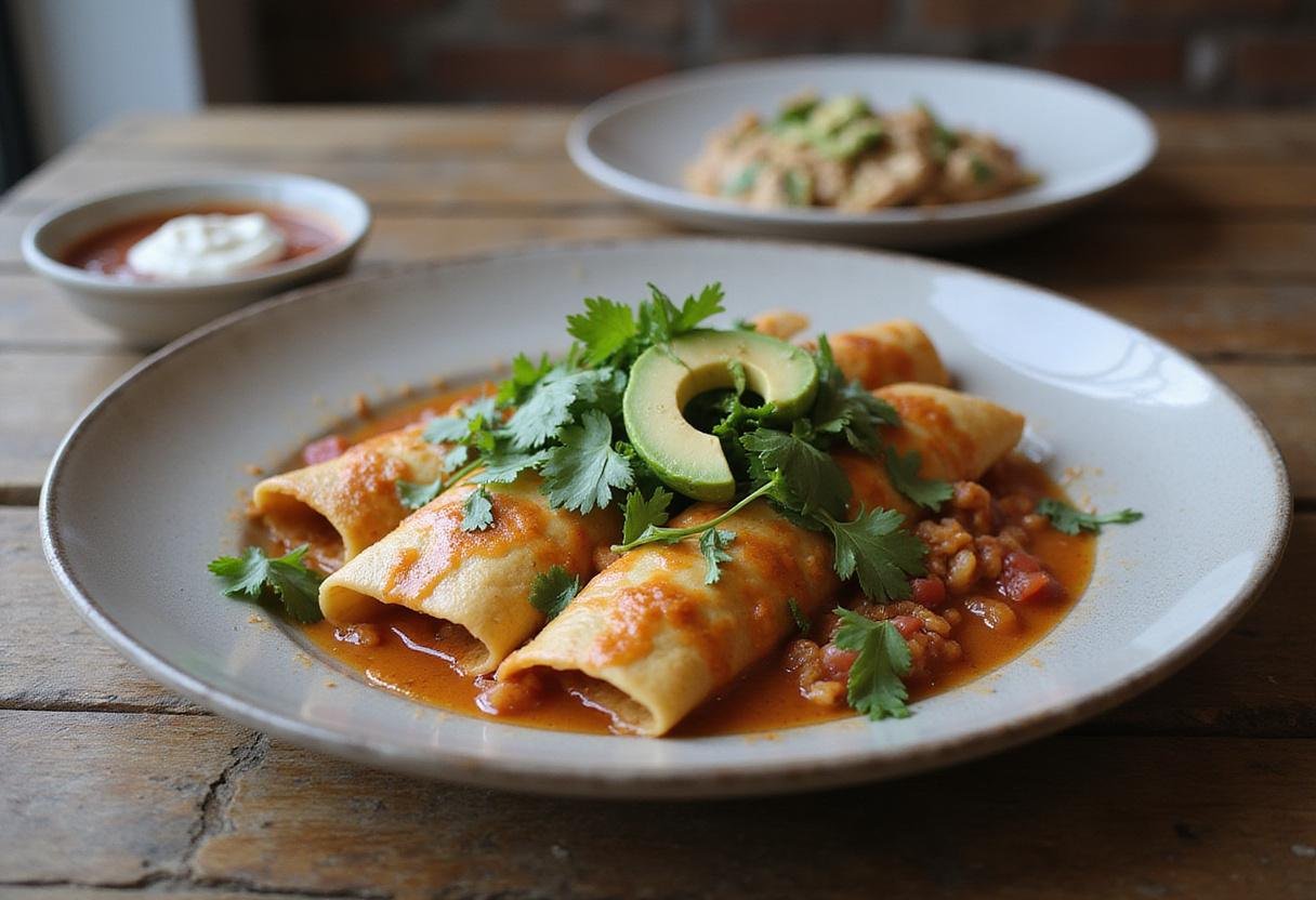 Delicious Joanna Gaines chicken enchiladas served on a plate with garnishes, showcasing its colorful and appetizing presentation.