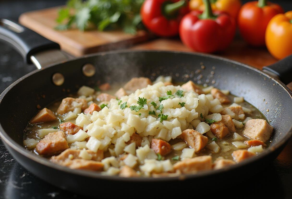 Sautéing onions and garlic for Joanna Gaines chicken enchiladas, focusing on fresh ingredients and vibrant colors.