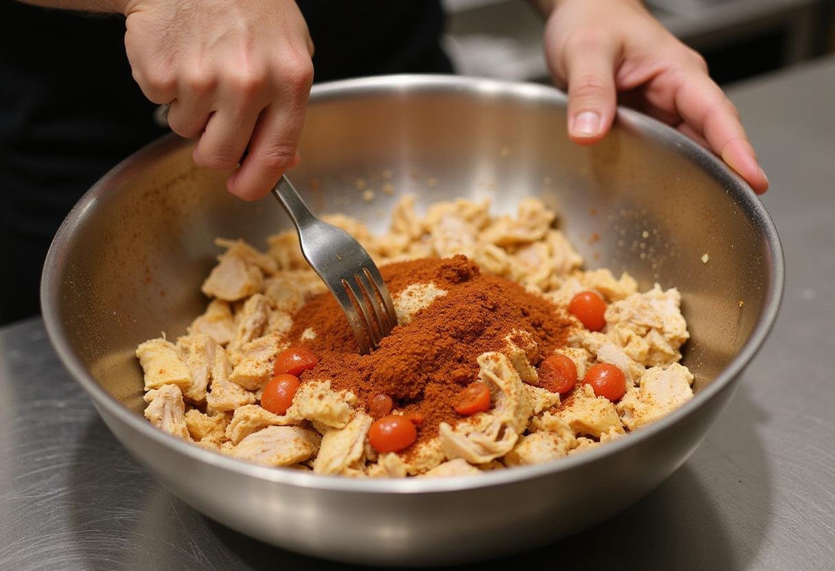 Preparing the flavorful filling for Joanna Gaines chicken enchiladas, showcasing shredded chicken and bright tomatoes for a delicious taste.
