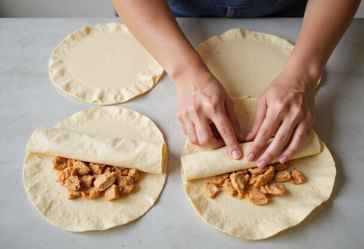 Assembling tortillas with chicken filling for Joanna Gaines chicken enchiladas, emphasizing the careful rolling process in a cozy kitchen environment.