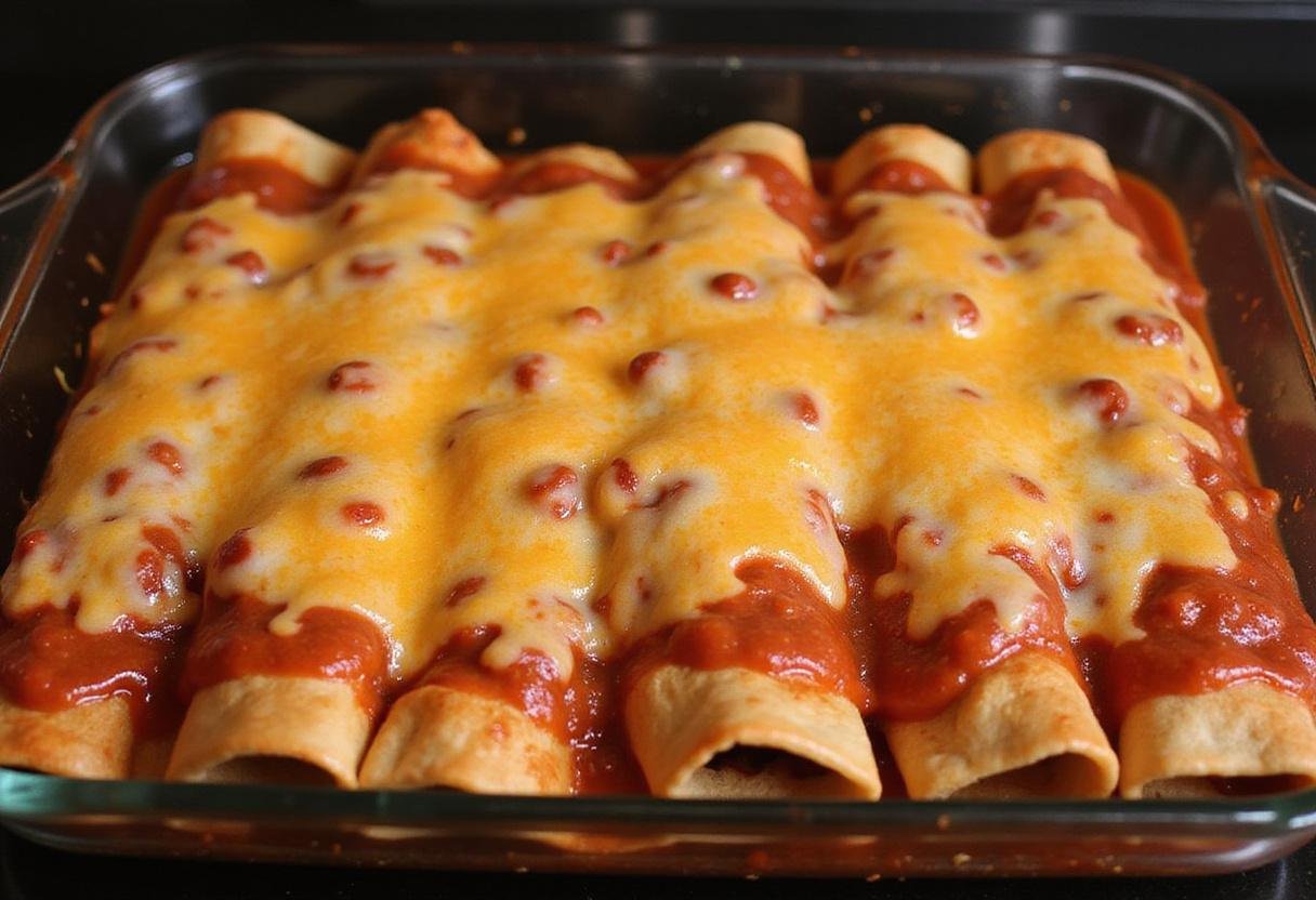 Ready-to-bake enchiladas in a dish for Joanna Gaines chicken enchiladas, highlighting the layers of sauce and cheese for a comforting meal.