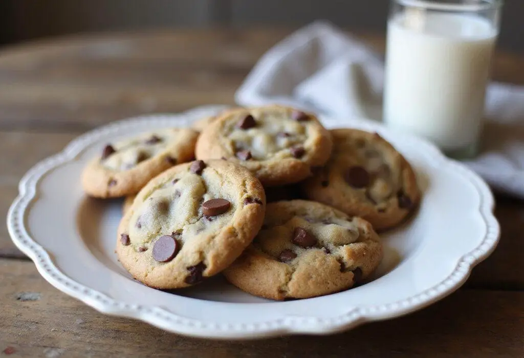 Display of delicious Joanna Gaines chocolate chip cookies, perfect for any occasion paired with a refreshing glass of milk.