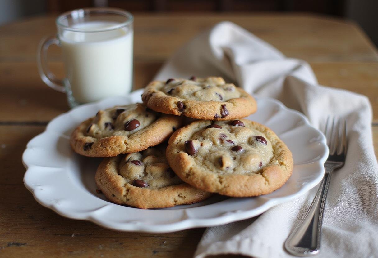 Display of delicious Joanna Gaines chocolate chip cookies, perfect for any occasion paired with a refreshing glass of milk.