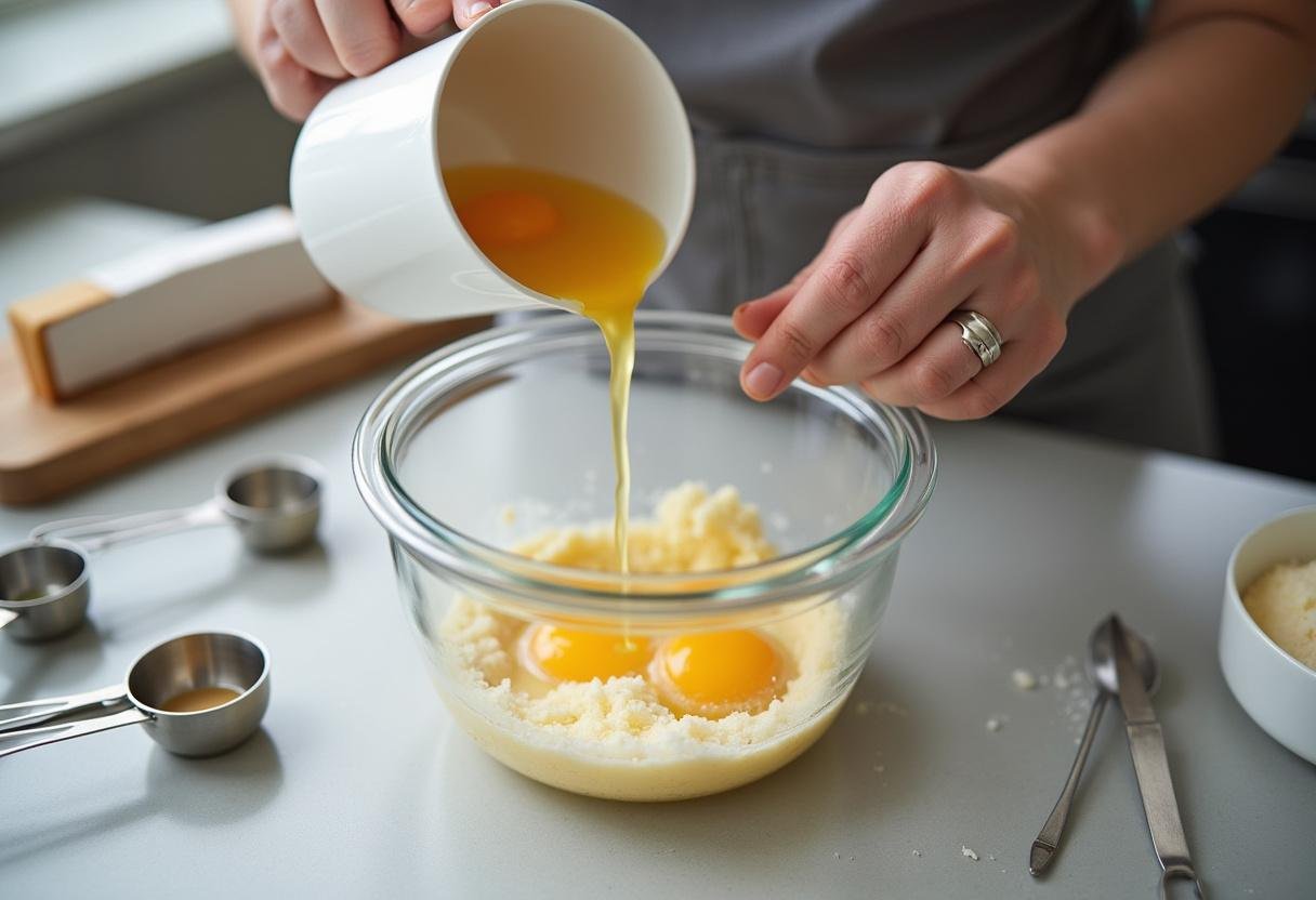 Adding eggs and vanilla extract to create a rich dough for Joanna Gaines chocolate chip cookies.