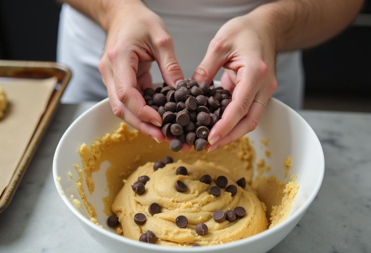 Mixing chocolate chips into the dough for delicious Joanna Gaines chocolate chip cookies.