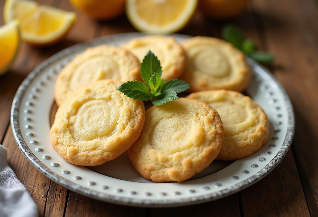 Final display of lemon focused cookies, showcasing a delicious lemon sugar cookie recipe on a rustic wooden table.