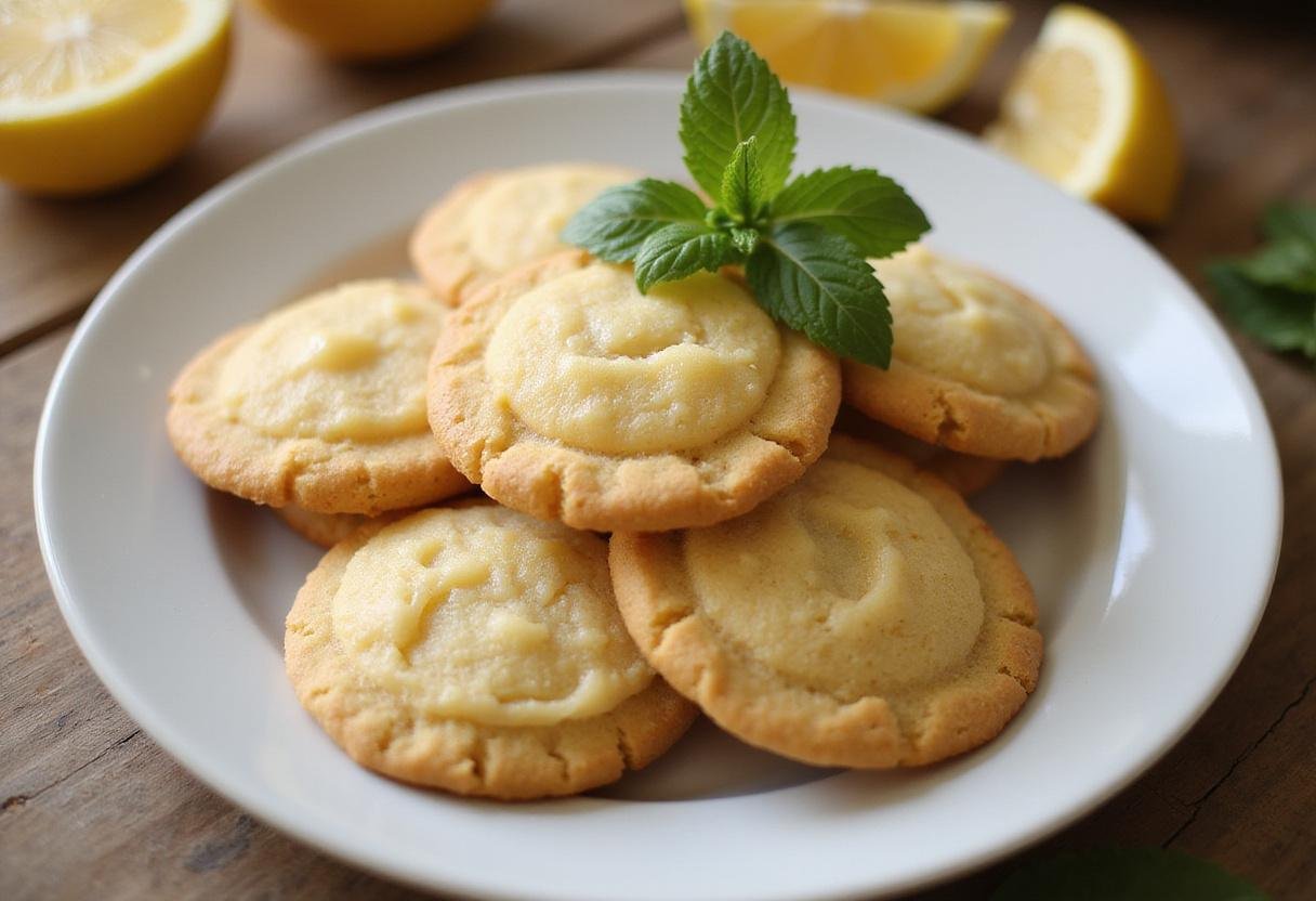 Final display of lemon focused cookies, showcasing a delicious lemon sugar cookie recipe on a rustic wooden table.