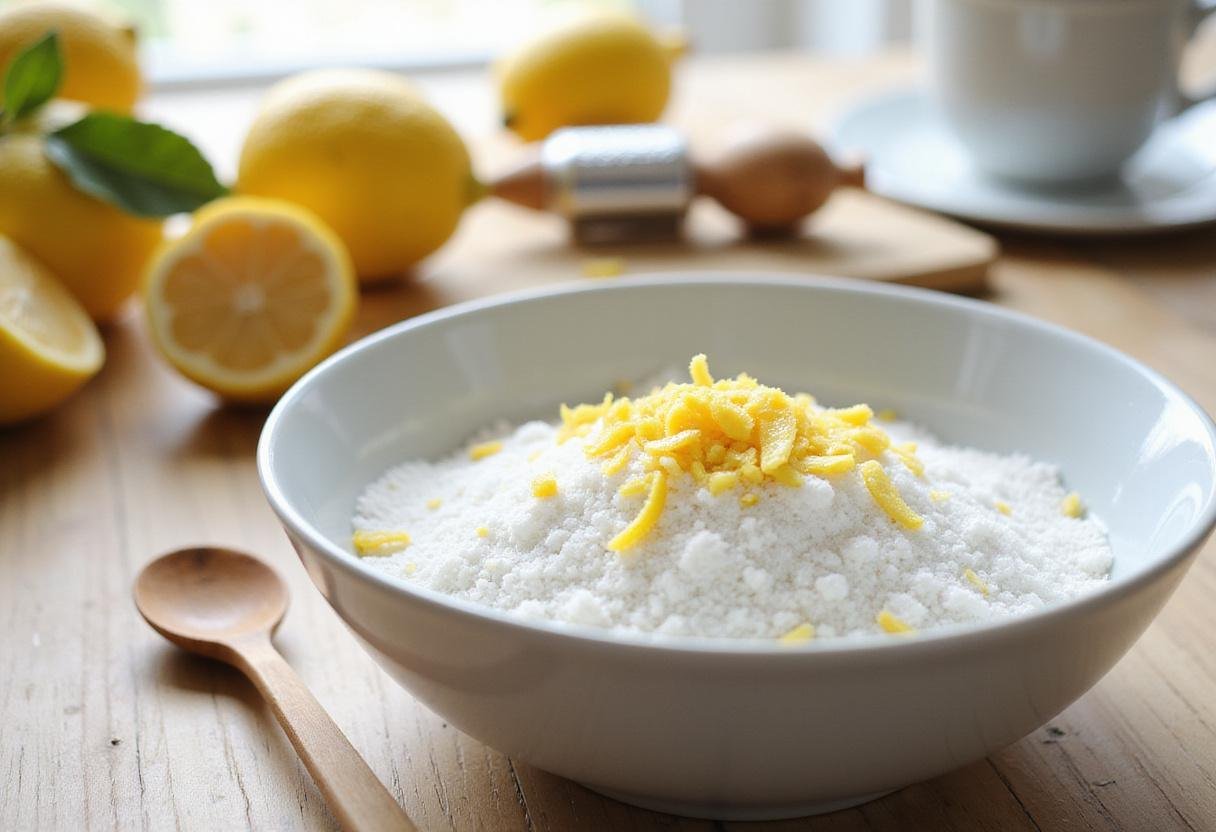 Lemon sugar cookie recipe preparation with fresh lemon zest and sugar in a mixing bowl.
