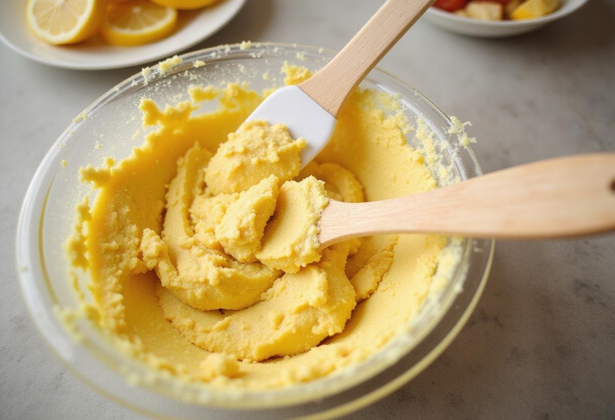 Making lemon shortbread cookies with a vibrant lemon cookie dough mixture in a bowl.