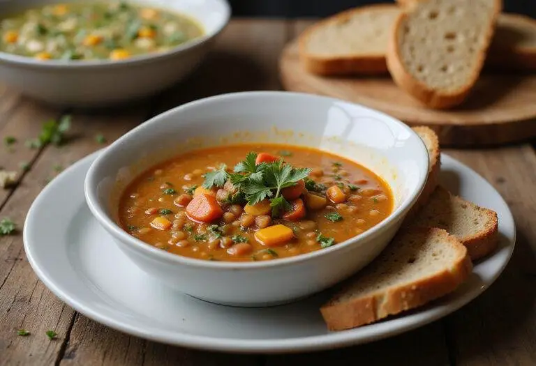 Delicious low-calorie soups serving of healthy lentil soup presented in a bowl, showcasing vibrant colors and nutritious ingredients.