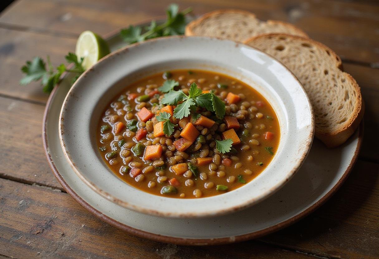 Delicious low-calorie soups serving of healthy lentil soup presented in a bowl, showcasing vibrant colors and nutritious ingredients.