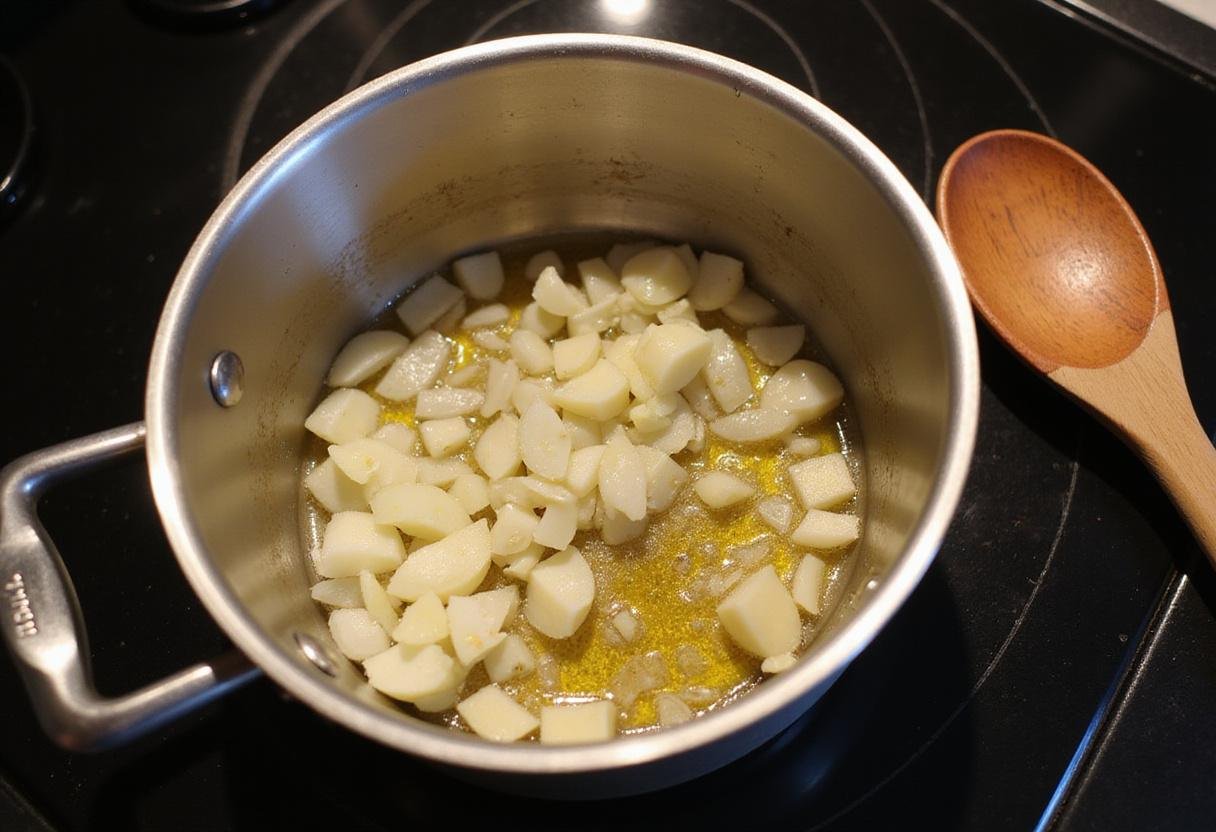 A healthy lentil soup preparation featuring sautéed onions and garlic in olive oil, showcasing the base of low-calorie soups.