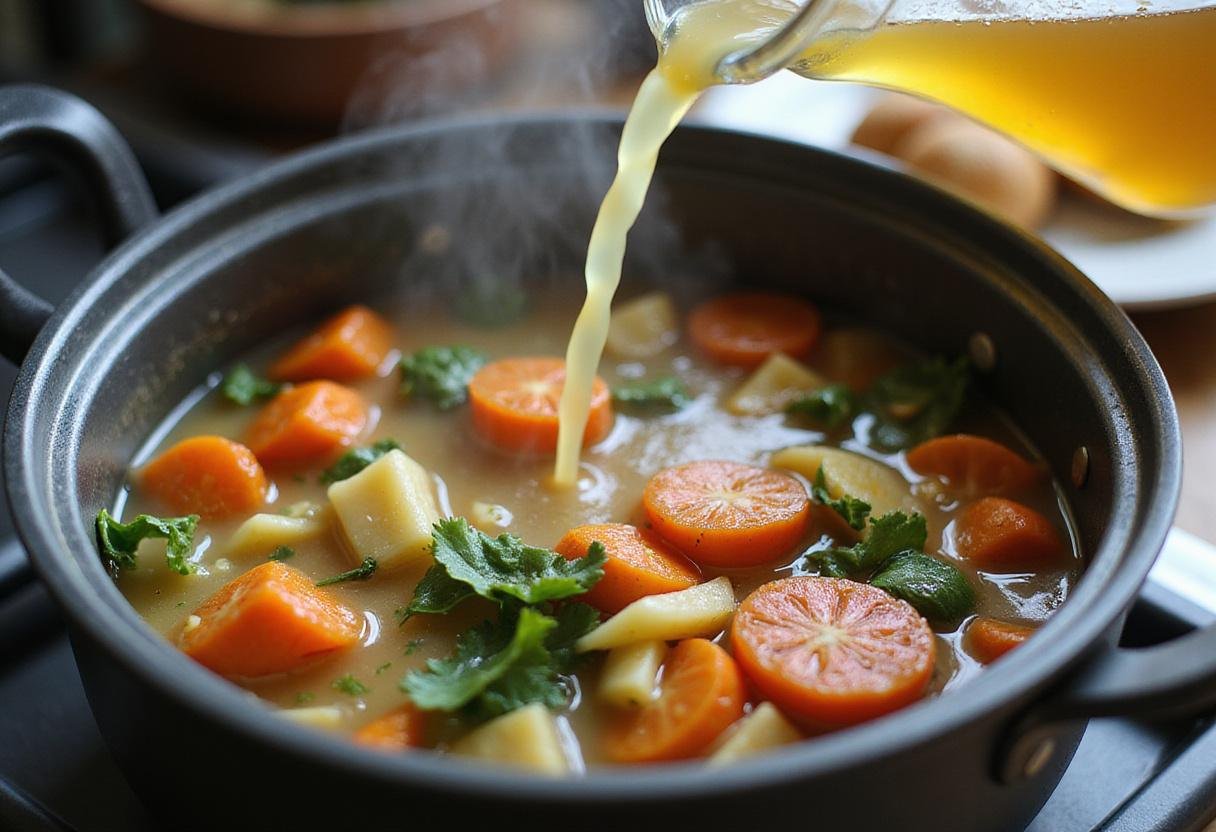 Cooking a healthy lentil soup as vegetable broth is added to the mix, an essential step in creating delicious low-calorie soups.