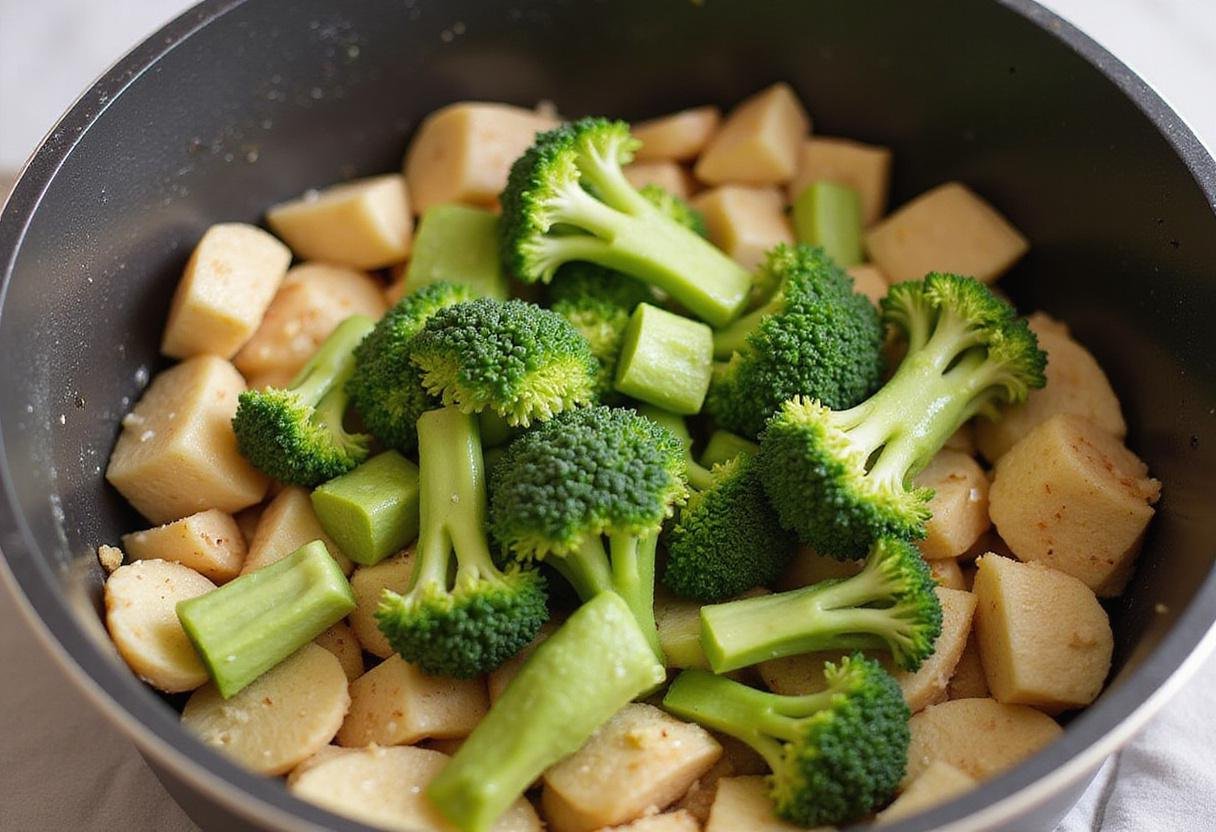 Healthy broccoli cheddar soup preparation in progress with fresh broccoli added, highlighting nutritious ingredients in low-calorie soups.