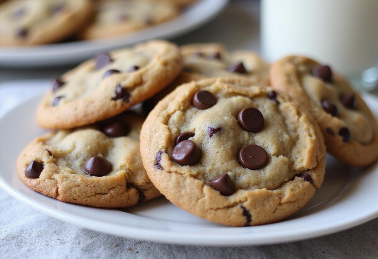 Final presentation of low sugar chocolate chip cookies, golden and chocolatey, perfect for a healthy dessert option.