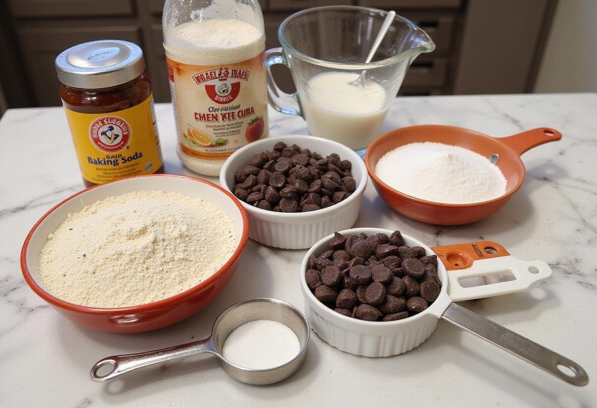 Ingredients for low sugar chocolate chip cookies displayed on a kitchen countertop, featuring flour, sugar substitute, dark chocolate chips, and baking tools.