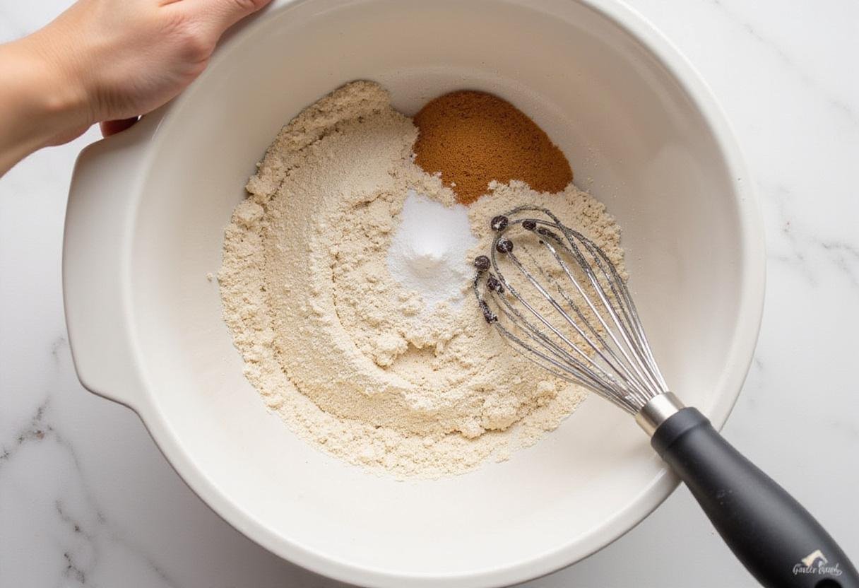 Combining dry ingredients for low sugar chocolate chip cookies, highlighting whole wheat flour and baking soda mixed in a bowl.