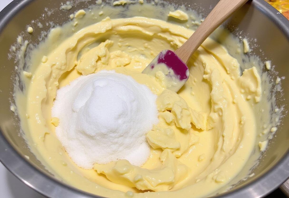 Mixing softened butter with a low sugar sugar substitute in a bowl, essential step for making low sugar chocolate chip cookies.