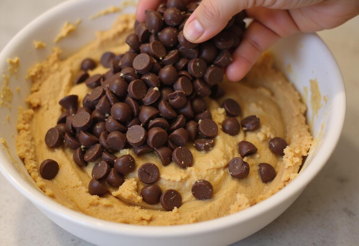 Folding chocolate chips into low sugar cookie dough, adding rich flavor to delicious low sugar chocolate chip cookies.