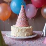 Final presentation of Magical Happee Birthdae Cake on a party table, surrounded by balloons and party decorations.