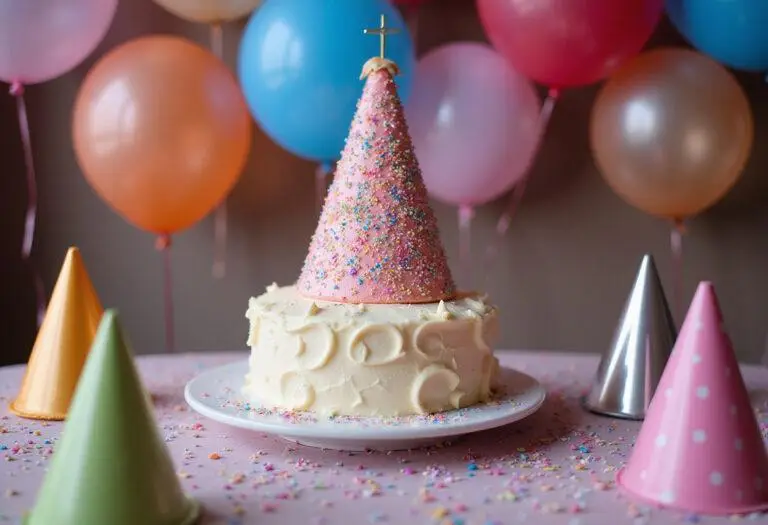 Final presentation of Magical Happee Birthdae Cake on a party table, surrounded by balloons and party decorations.