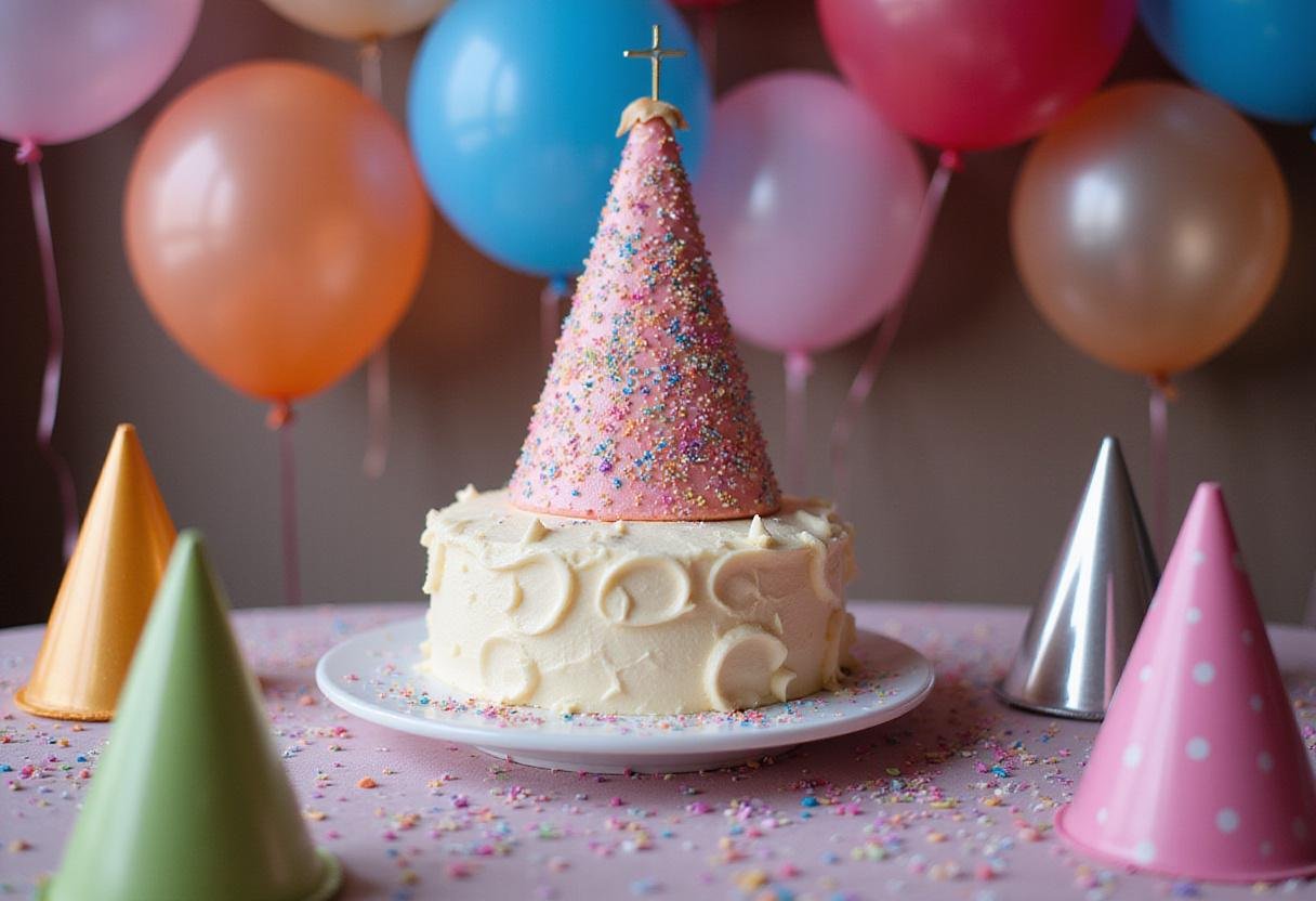Final presentation of Magical Happee Birthdae Cake on a party table, surrounded by balloons and party decorations.
