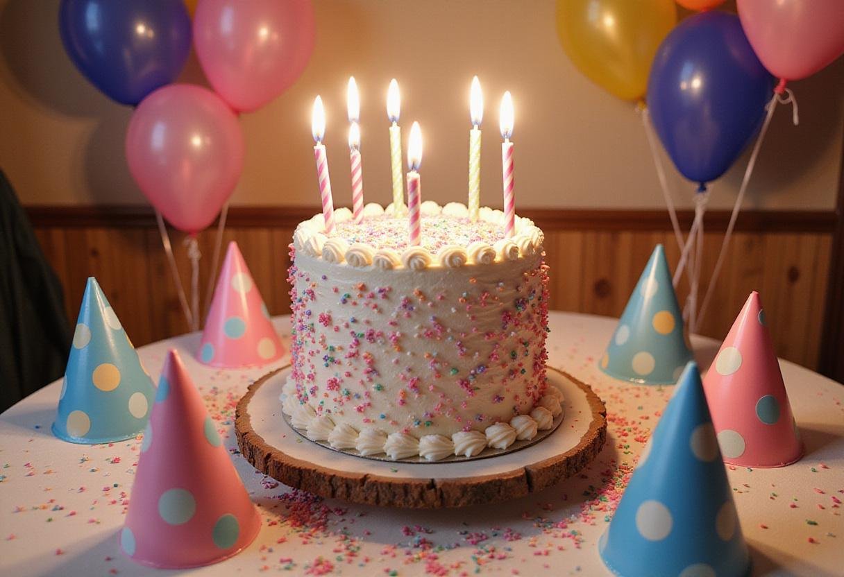 Final presentation of Magical Happee Birthdae Cake on a party table, surrounded by balloons and party decorations.