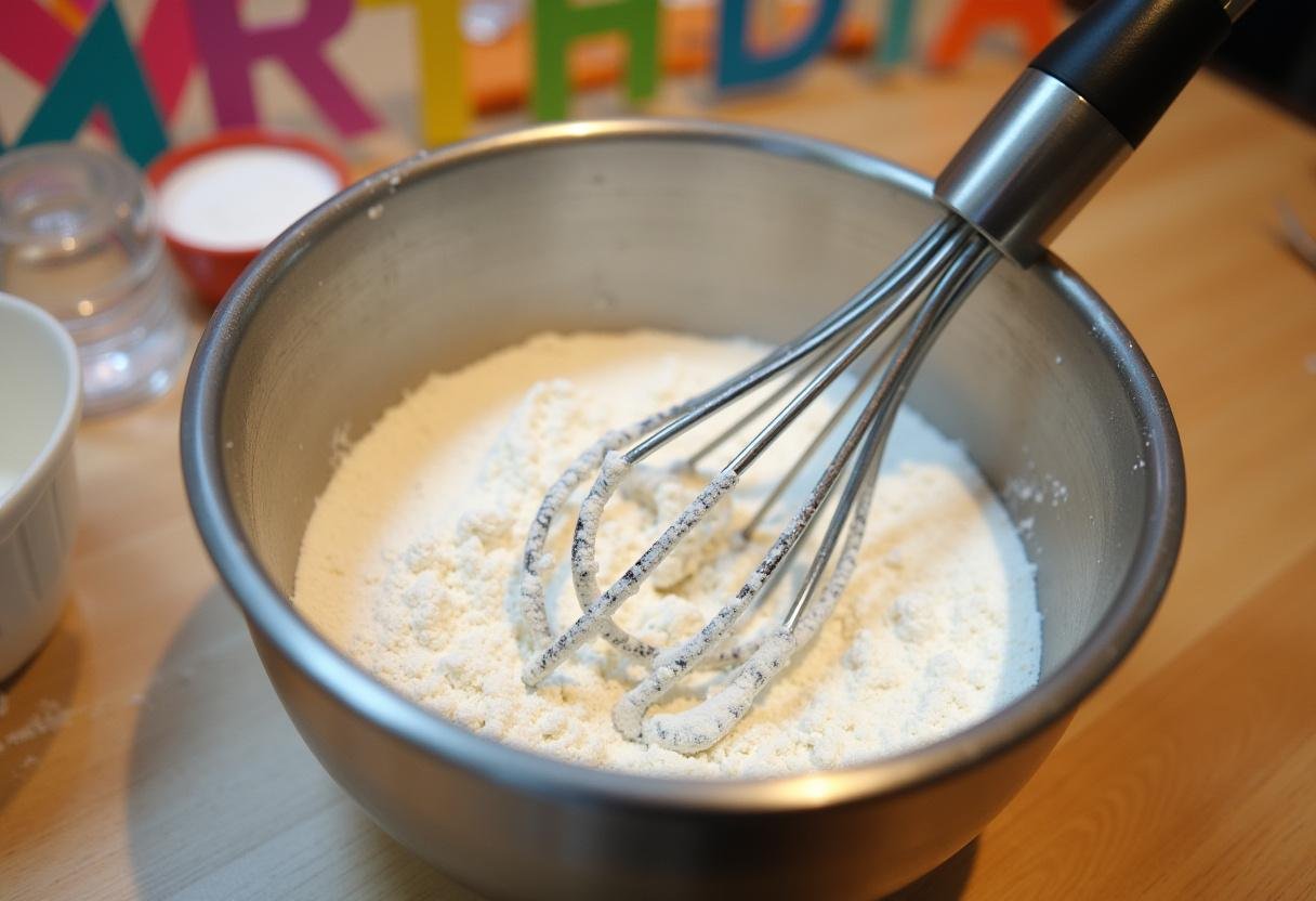 Ingredients for Magical Happee Birthdae Cake including flour, sugar, and baking powder arranged on a wooden countertop.