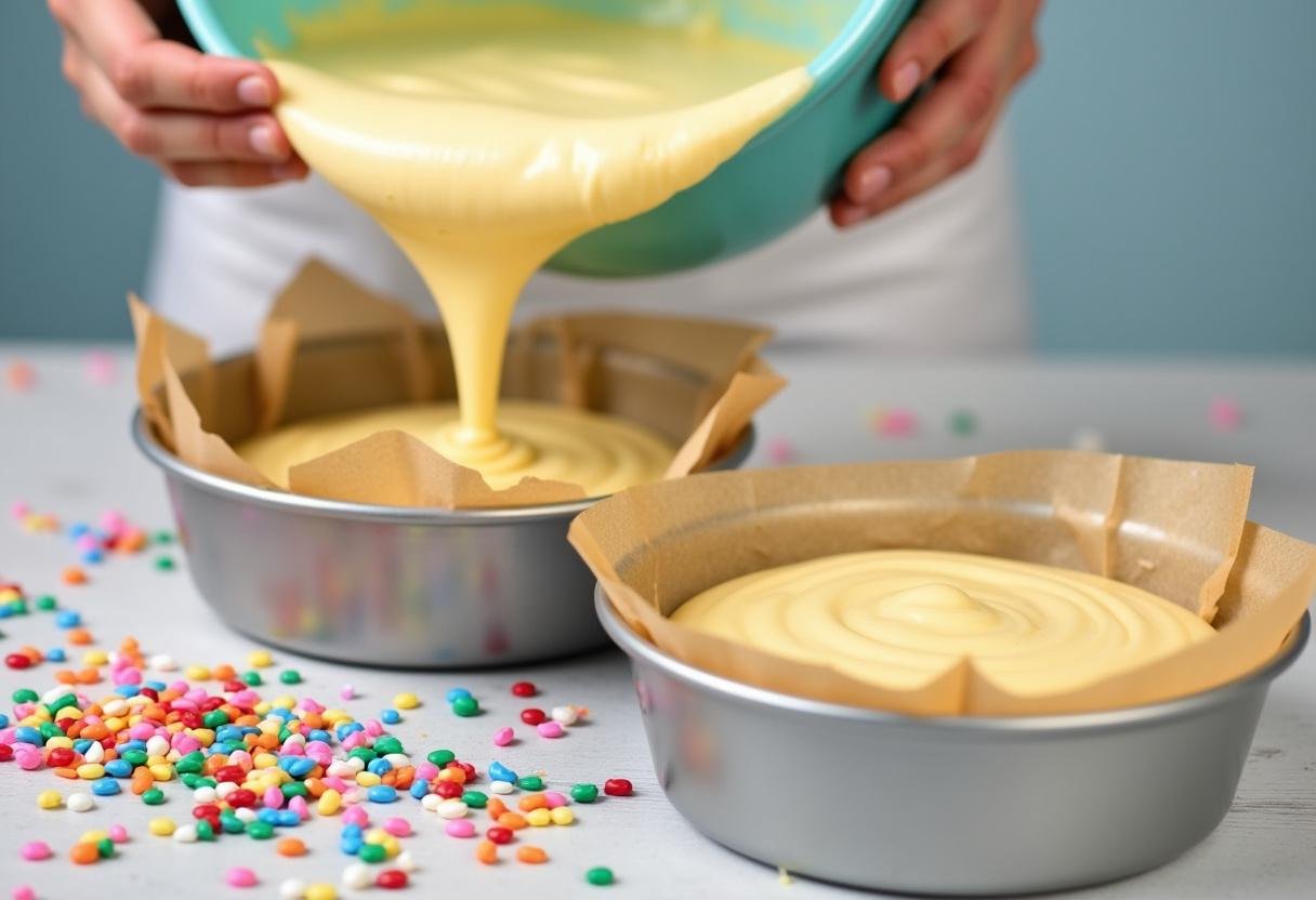 Batter being poured into cake pans for Magical Happee Birthdae Cake with colorful sprinkles in the background.