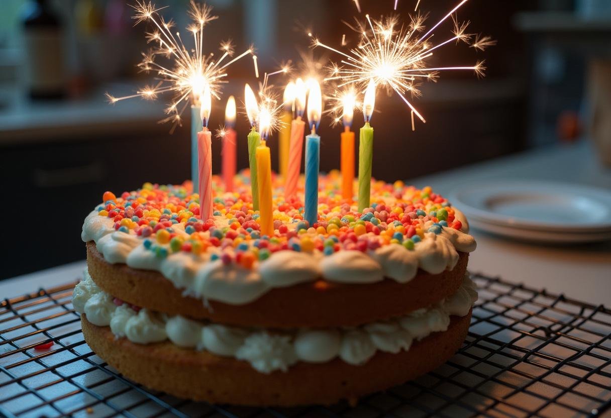 Beautifully decorated Magical Happee Birthdae Cake cooling on a rack with icing and candles.