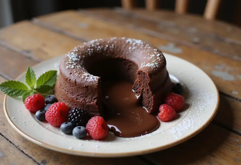 Delicious Magical Sorting Hat Molten Lava Cakes, plated with molten chocolate center, garnished with fresh berries and mint.