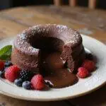 Delicious Magical Sorting Hat Molten Lava Cakes, plated with molten chocolate center, garnished with fresh berries and mint.
