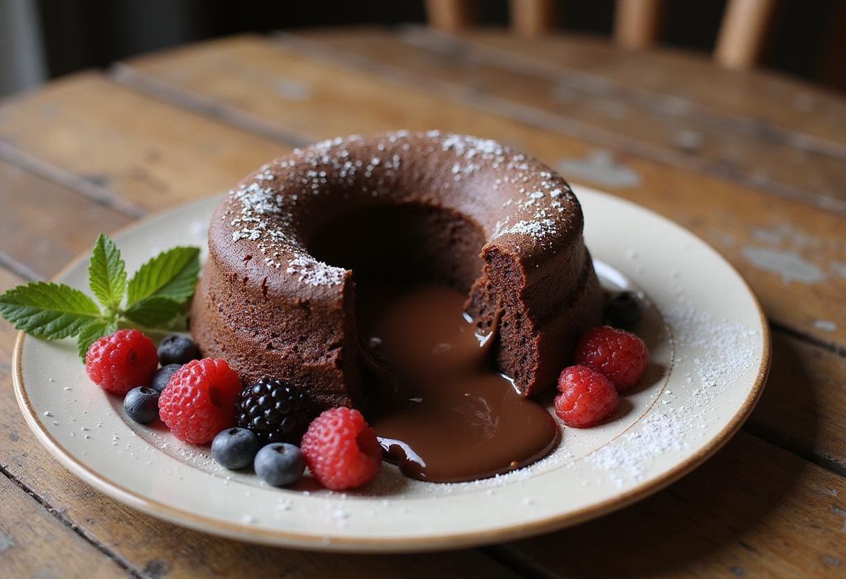 Delicious Magical Sorting Hat Molten Lava Cakes, plated with molten chocolate center, garnished with fresh berries and mint.