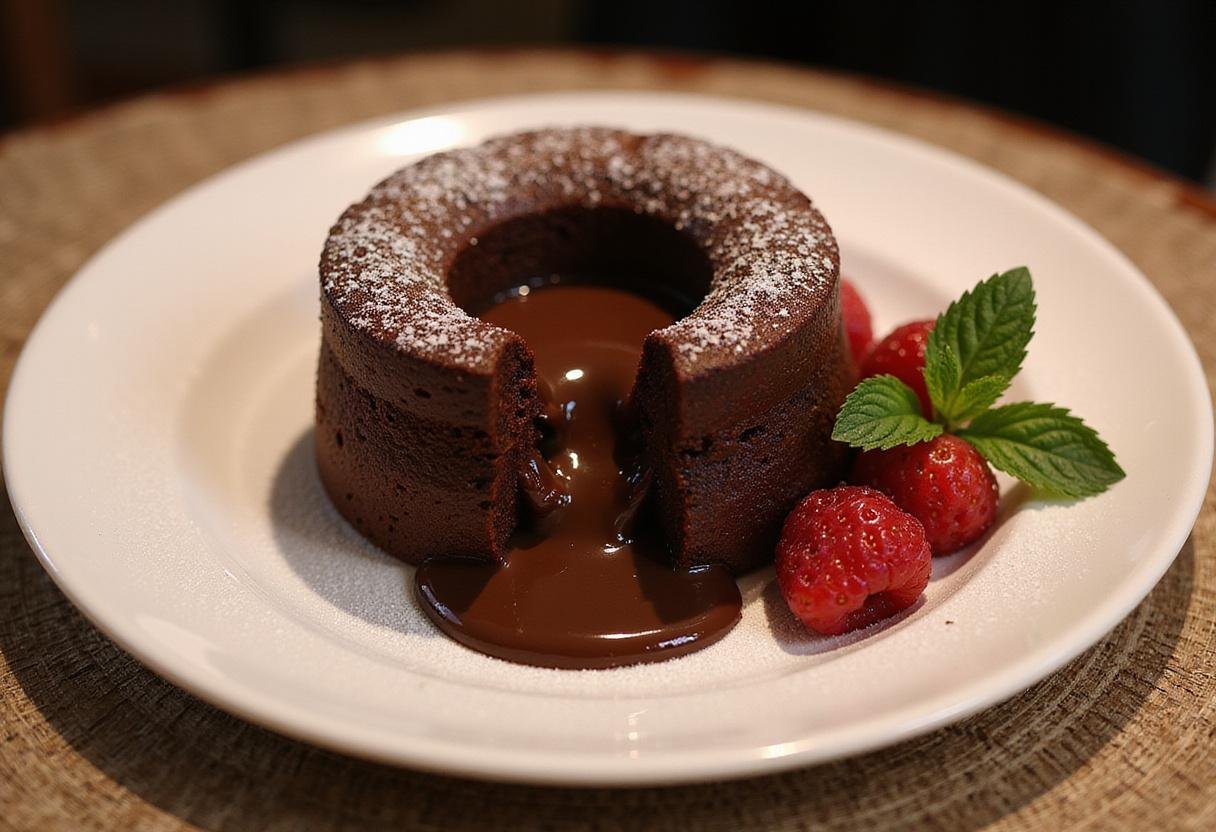 Delicious Magical Sorting Hat Molten Lava Cakes, plated with molten chocolate center, garnished with fresh berries and mint.