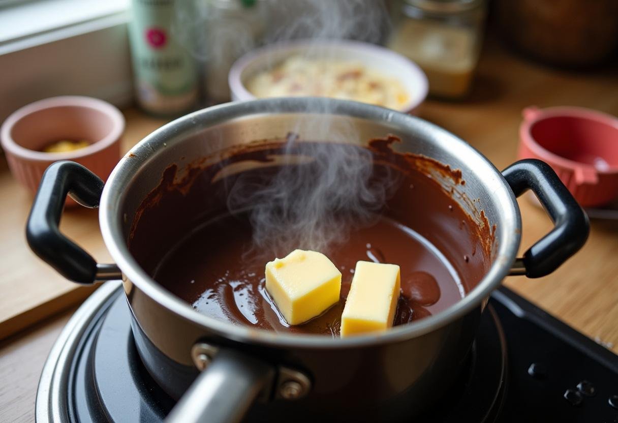 Melted dark chocolate and butter in preparation for Magical Sorting Hat Molten Lava Cakes, with kitchen tools and ingredients in view.