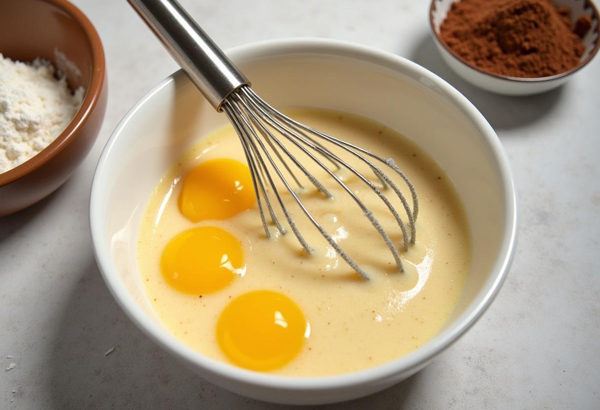 Preparation of the batter for Magical Sorting Hat Molten Lava Cakes, with eggs and sugar being whisked together.