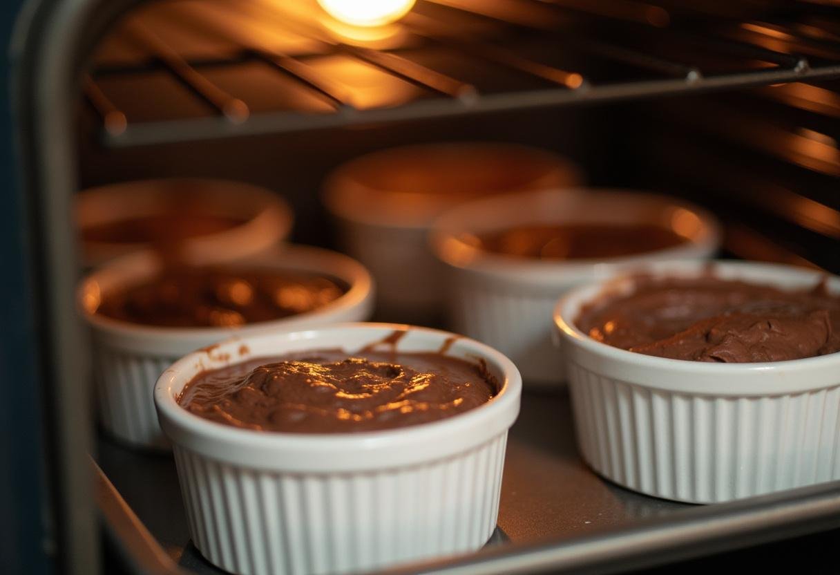 Ramekins filled with chocolate batter, ready for the oven, as part of the Magical Sorting Hat Molten Lava Cakes preparation.