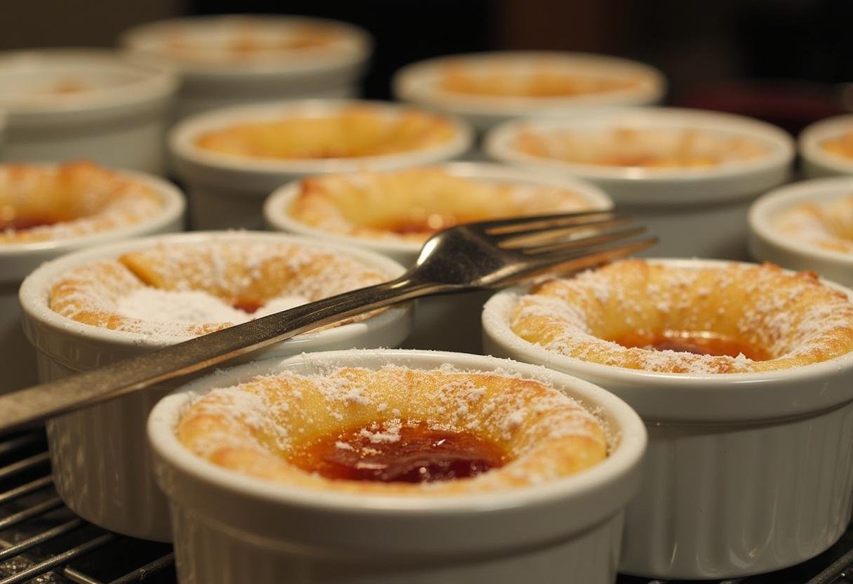 Freshly baked Magical Sorting Hat Molten Lava Cakes in ramekins, puffed and dusted with powdered sugar.