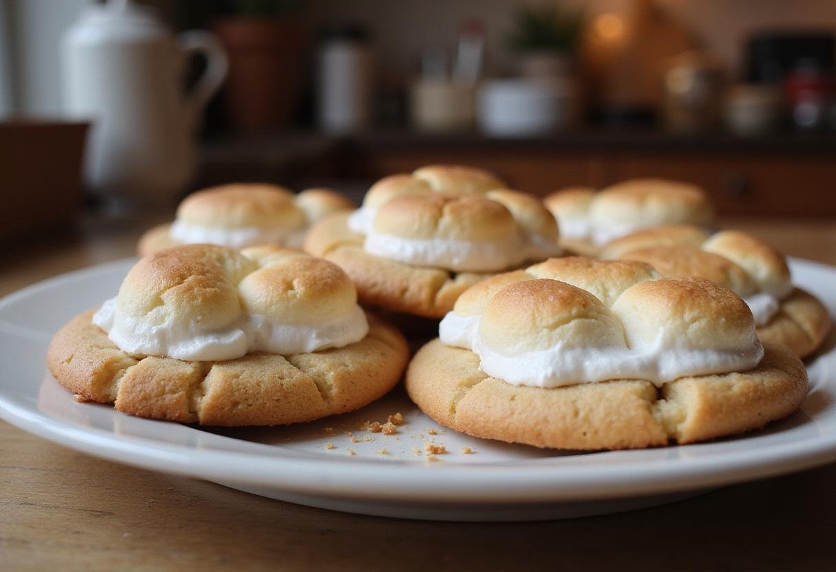 Delicious freshly baked marshmallow cookies served on a plate, highlighting their gooey centers.