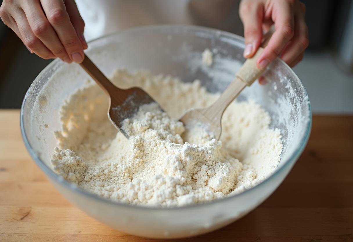 Mixing dry ingredients for marshmallow cookie recipe on a wooden countertop.