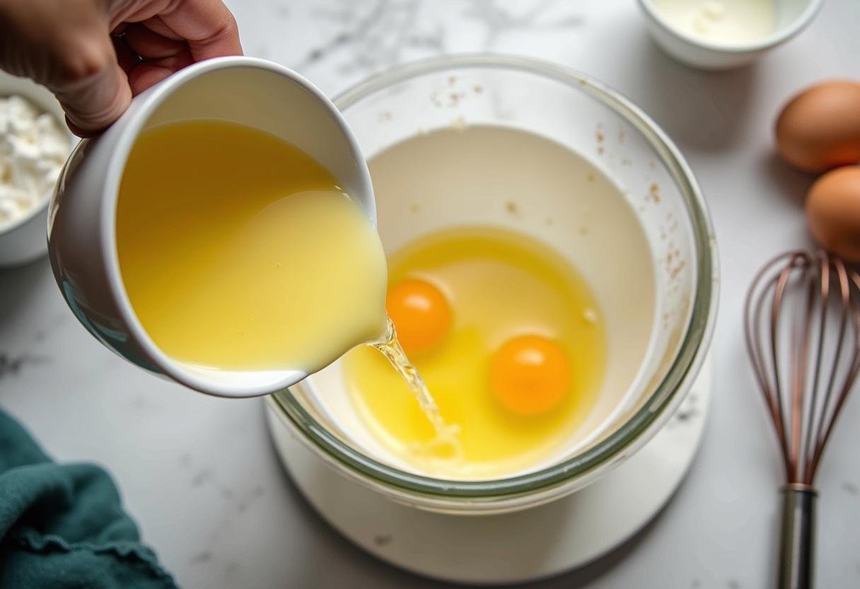 Pouring melted butter into a bowl for marshmallow cookie recipe with whisk and ingredients around.