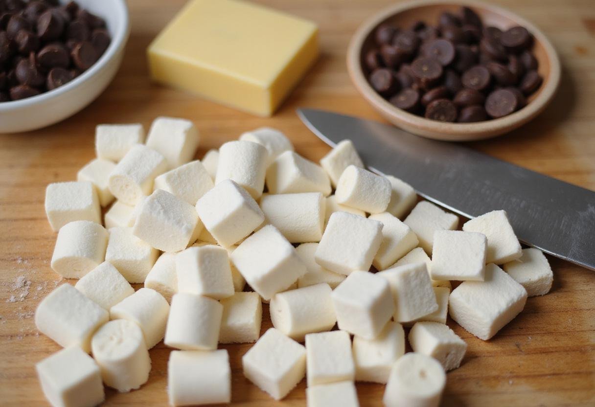 Chopping marshmallows for the marshmallow cookie recipe on a cutting board.