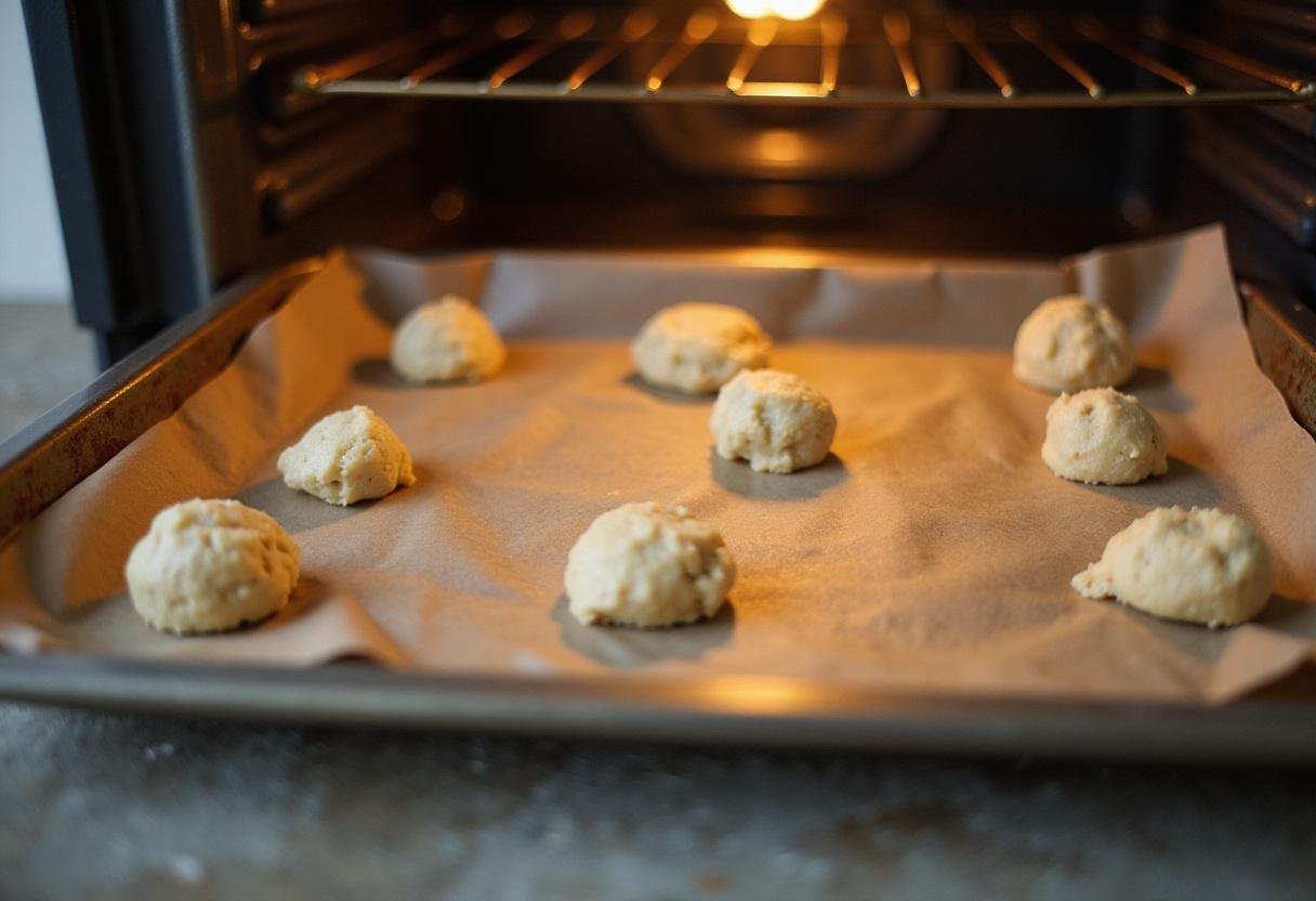 Preparing marshmallow cookie dough balls on a baking tray for the baking process.
