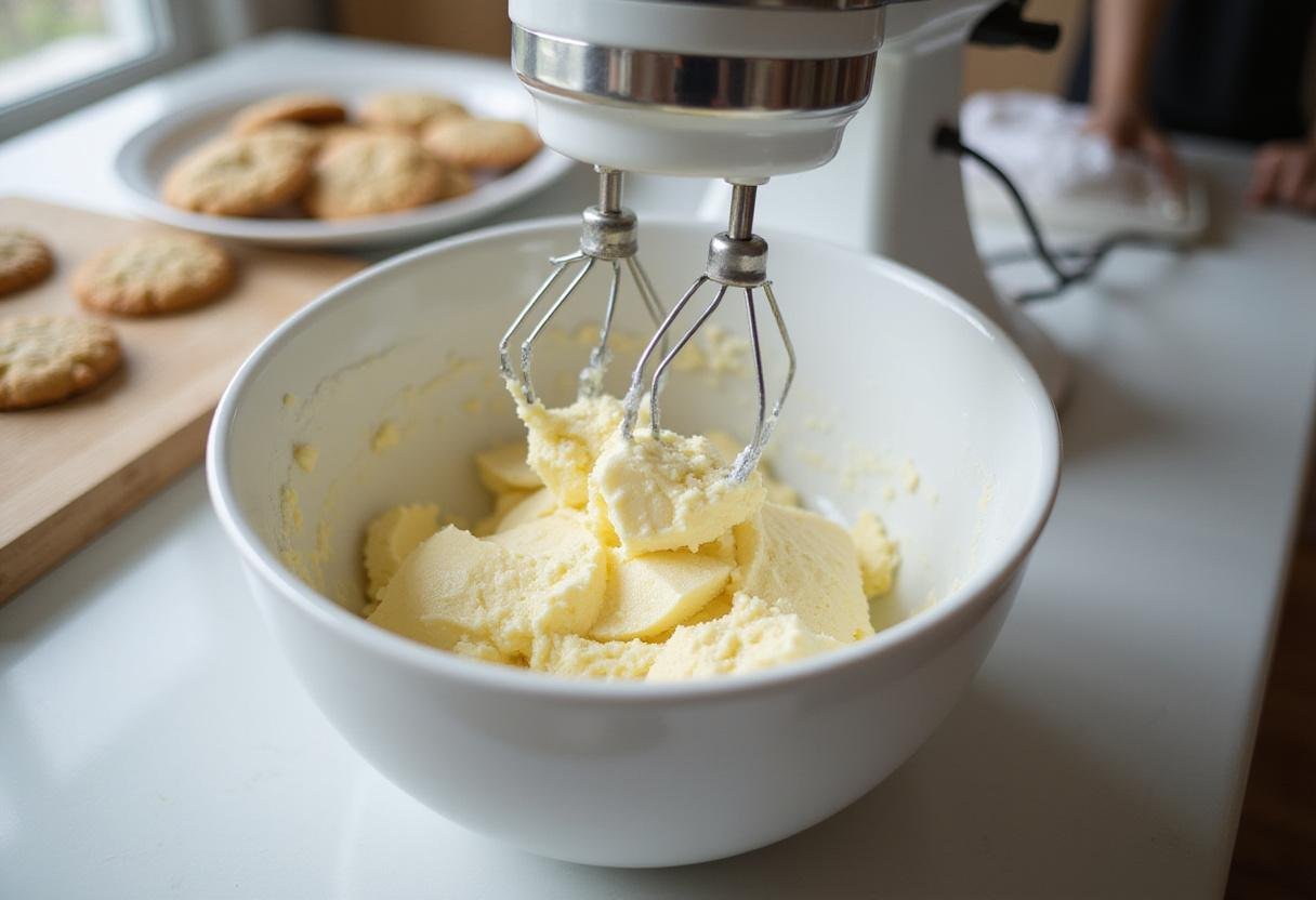 creaming butter and sugar for Martha Stewart's chocolate chip cookies, delicious baking process