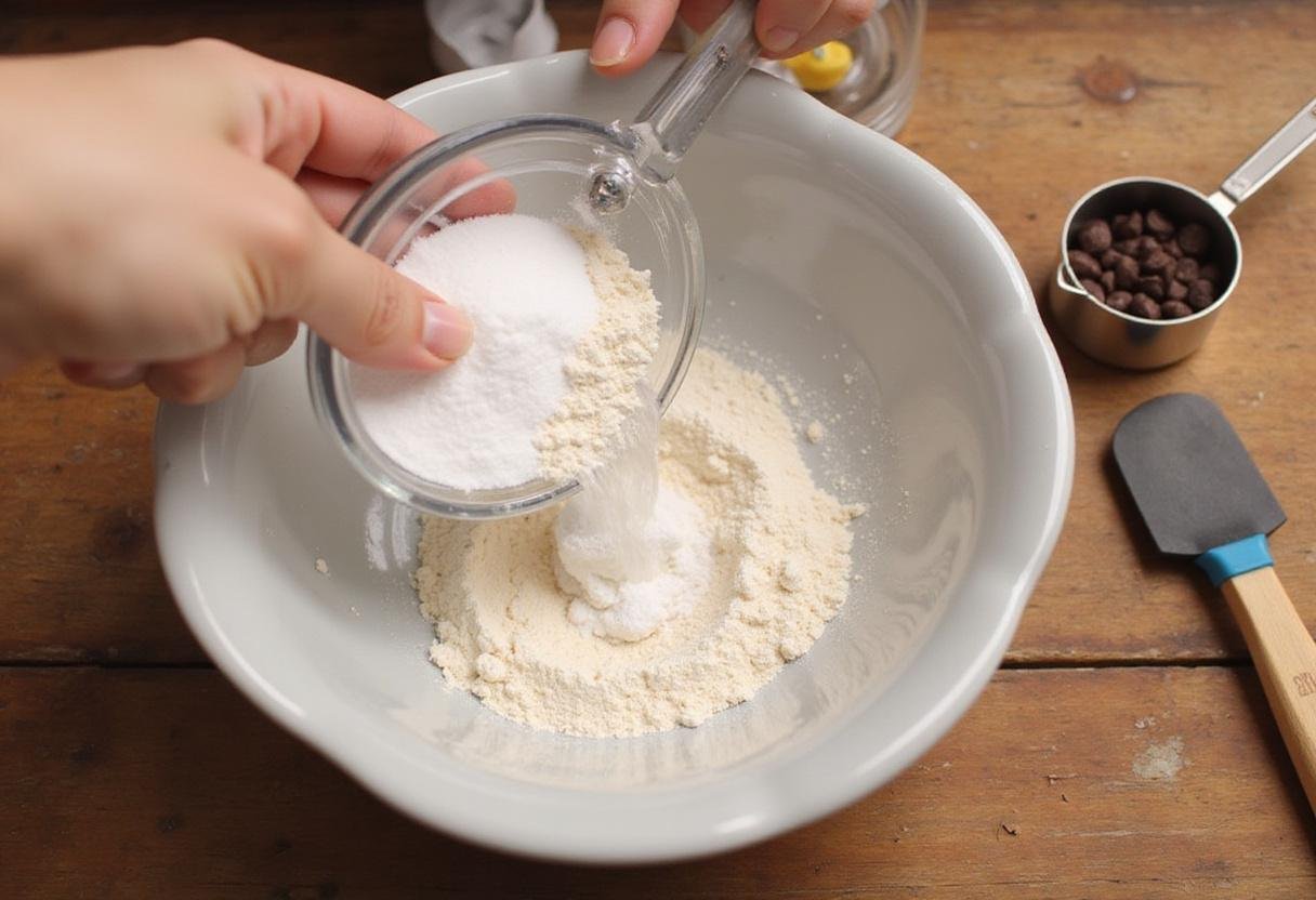 sifting flour for Martha Stewart's chocolate chip cookies, perfect baking ingredients preparation