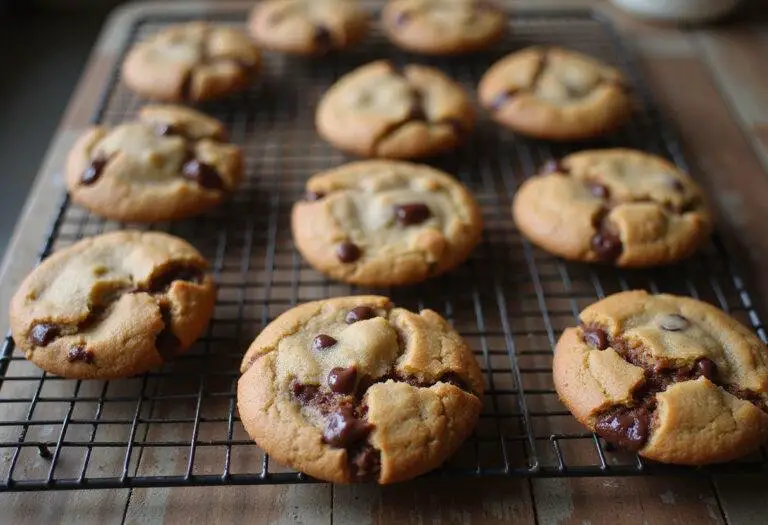 Deliciously baked Mexican chocolate chip cookies cooling on a rack with melted chocolate in a rustic kitchen environment.