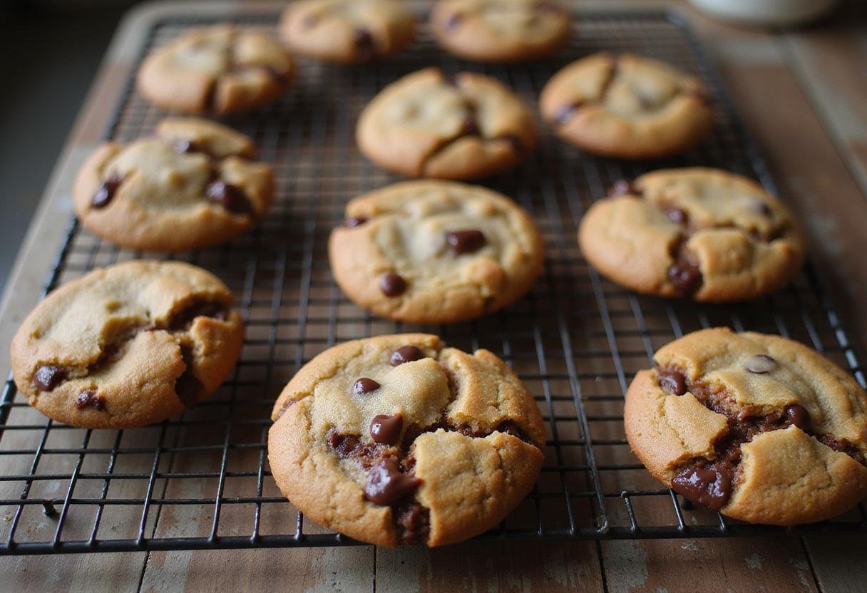 Deliciously baked Mexican chocolate chip cookies cooling on a rack with melted chocolate in a rustic kitchen environment.