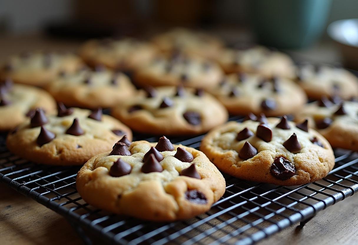 Deliciously baked Mexican chocolate chip cookies cooling on a rack with melted chocolate in a rustic kitchen environment.
