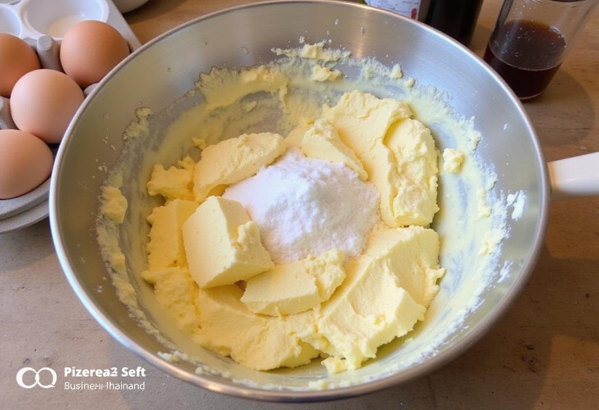 Creaming butter and sugar for delicious Mexican chocolate chip cookies in a bright kitchen environment.